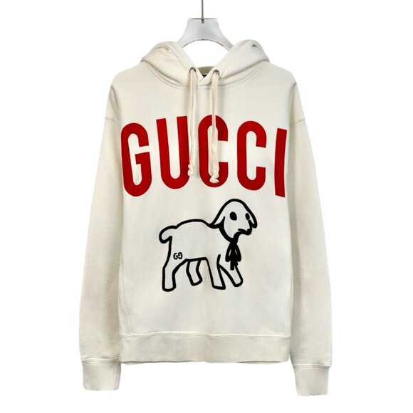 Gucci Unisex Ivory Hoodie With Red Logo & Lamb Graphic - Picture 1 of 8